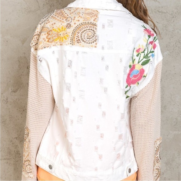 POL Shacket Oversized Thermal Sleeve Patch Embroidered Distressed Floral Paisley - Picture 4 of 16